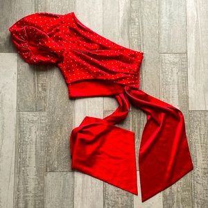 MISHA Satin One Shoulder Satin Crop Top Polka Dot Drama Sleeve